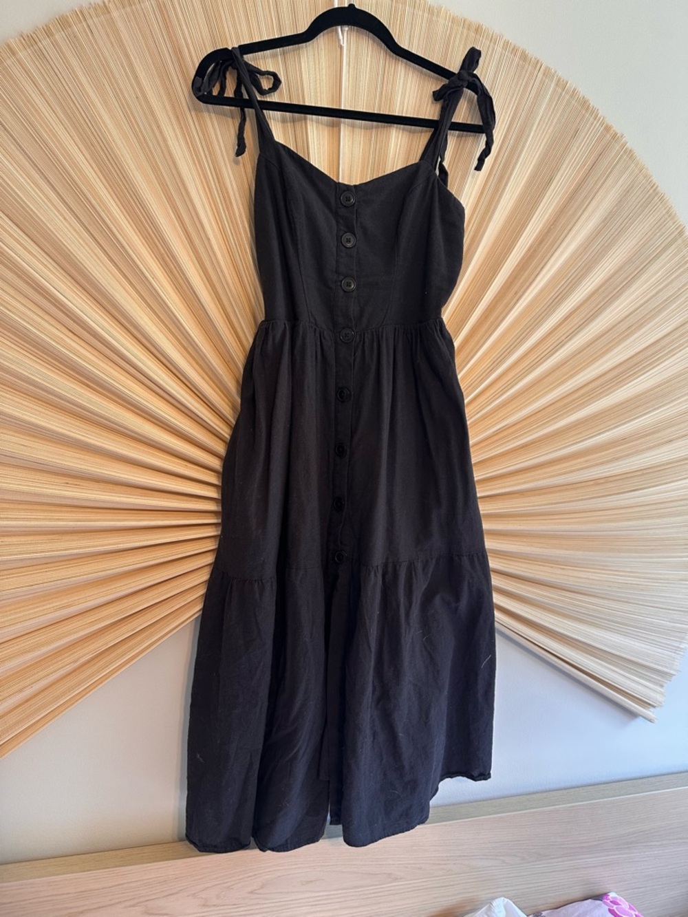 Urban Outfitters Black Tiered Button-Front Tie-Shoulder Midi Dress